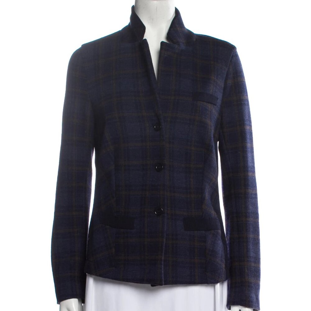 Rani Arabella Wool Cashmere Blend Blue Plaid Print Blazer Size M
